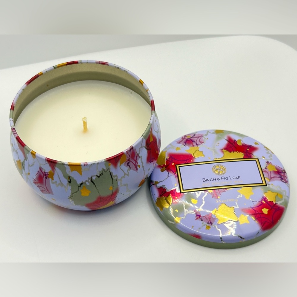 $6 🌸 Birch and Fig Leaf Soy Coconut Wax Floral Lidded Tin Candle 3.5 Oz ~ New